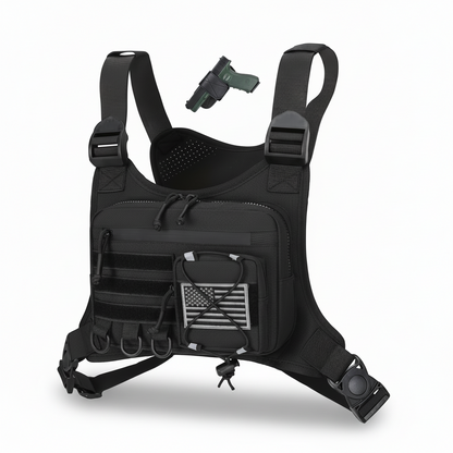 Black tactical vest with American flag patch on a white background