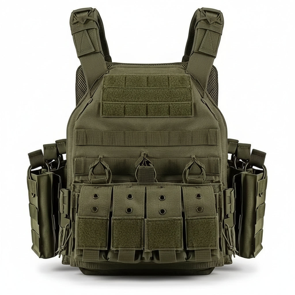 Green tactical vest with multiple pouches and straps on a white background