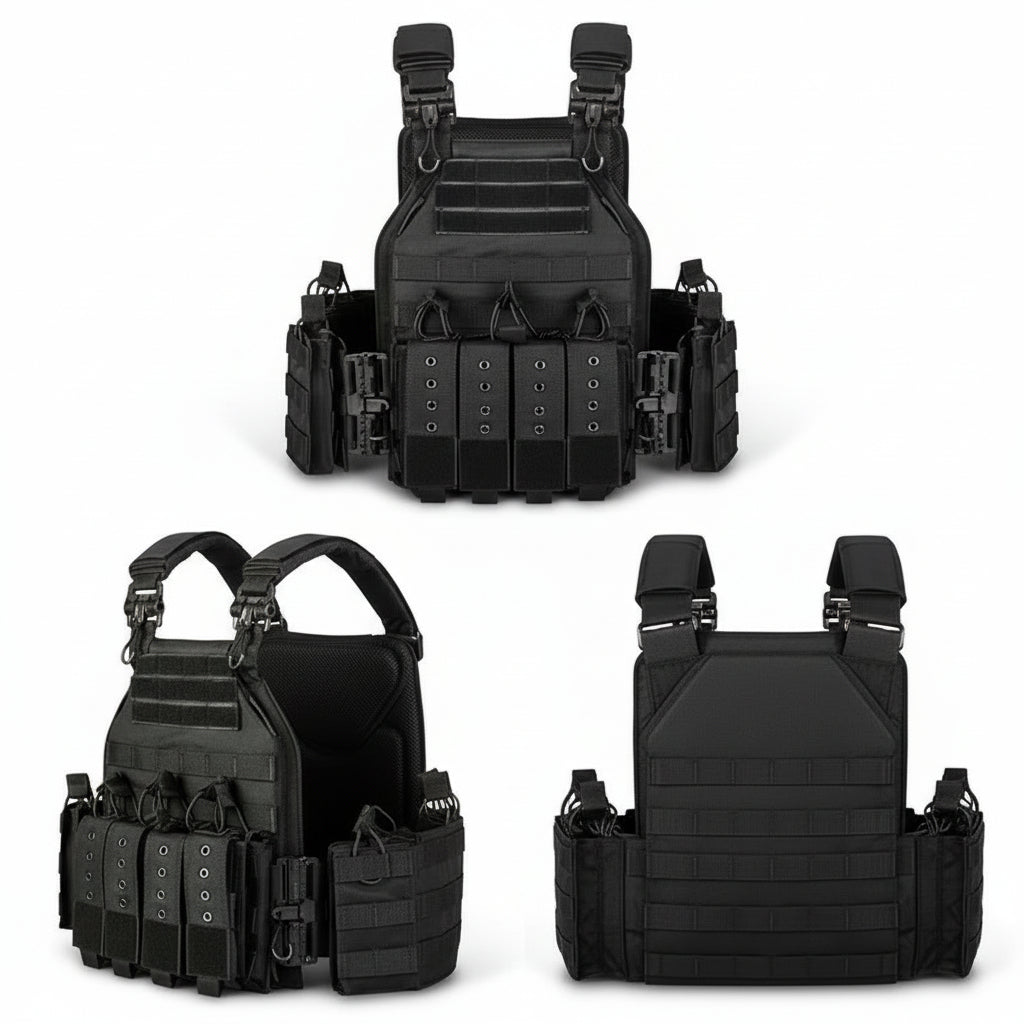 Black tactical vest shown from multiple angles on a white background