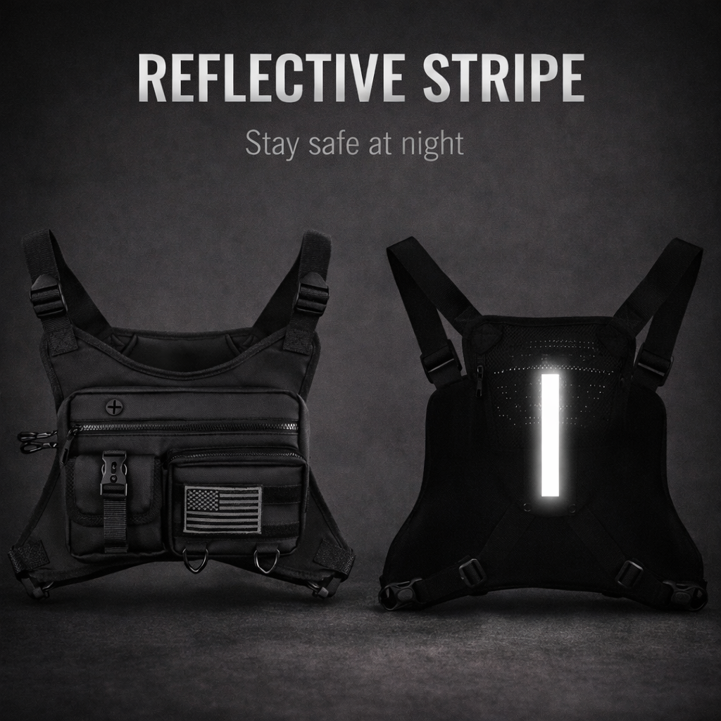 Black tactical vest with reflective stripe on a dark background