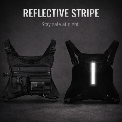 Black tactical vest with reflective stripe on a dark background