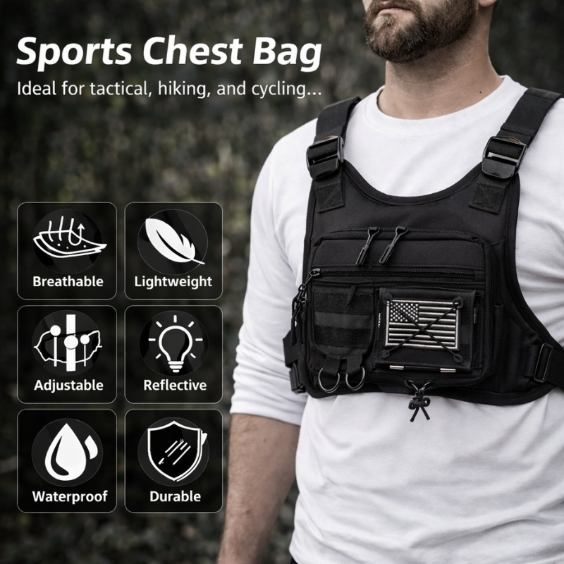 Person wearing a black sports chest bag with features highlighted on a dark background