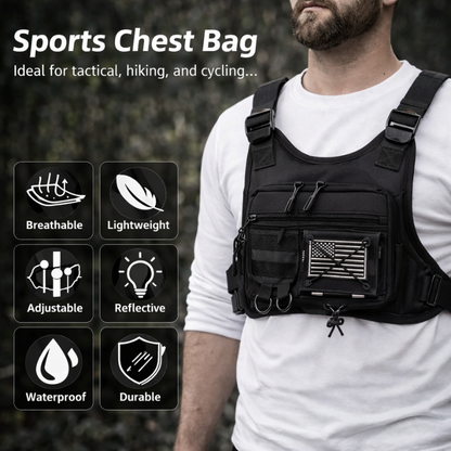 Person wearing a black sports chest bag with features highlighted on a dark background