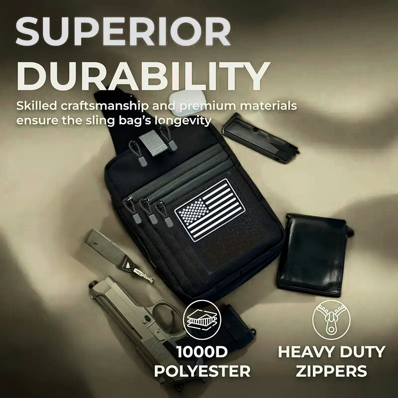 Black sling bag with American flag design, knife, and gun on a beige background with durability text.