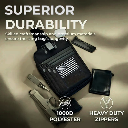 Black sling bag with American flag design, knife, and gun on a beige background with durability text.