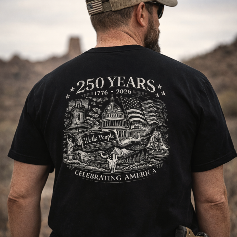 Man wearing a black t-shirt with a graphic design celebrating 250 years of America, outdoors.