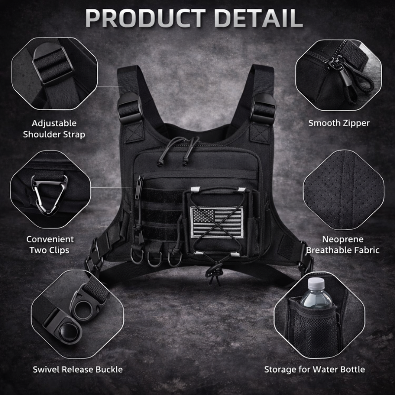 Black tactical vest with features highlighted on a dark background