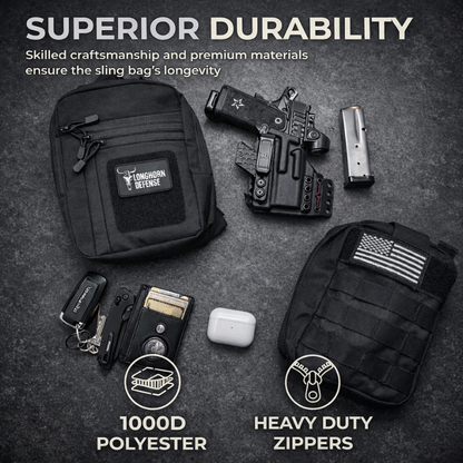 Black tactical sling bag with accessories on a dark background, emphasizing durability and craftsmanship.
