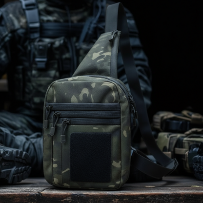 Camouflage sling bag on a wooden surface with military boots in the background