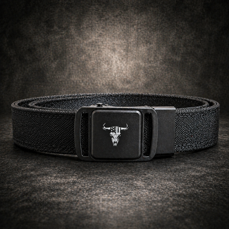 Black belt with a buckle featuring a bull skull design on a dark background