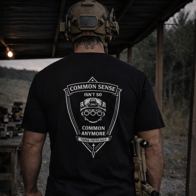 Person wearing a black t-shirt with a graphic design and text, standing outdoors.