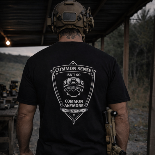 Person wearing a black t-shirt with a graphic design and text, standing outdoors.