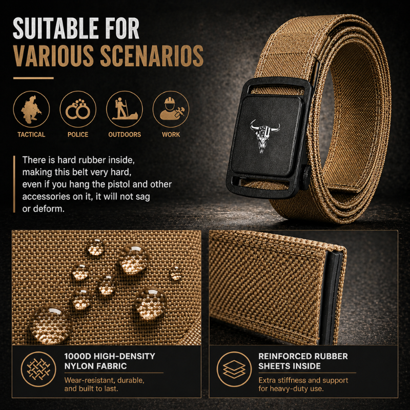 Tactical belt with features highlighted on a dark background