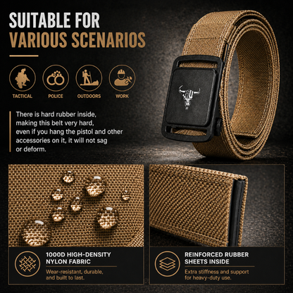 Tactical belt with features highlighted on a dark background