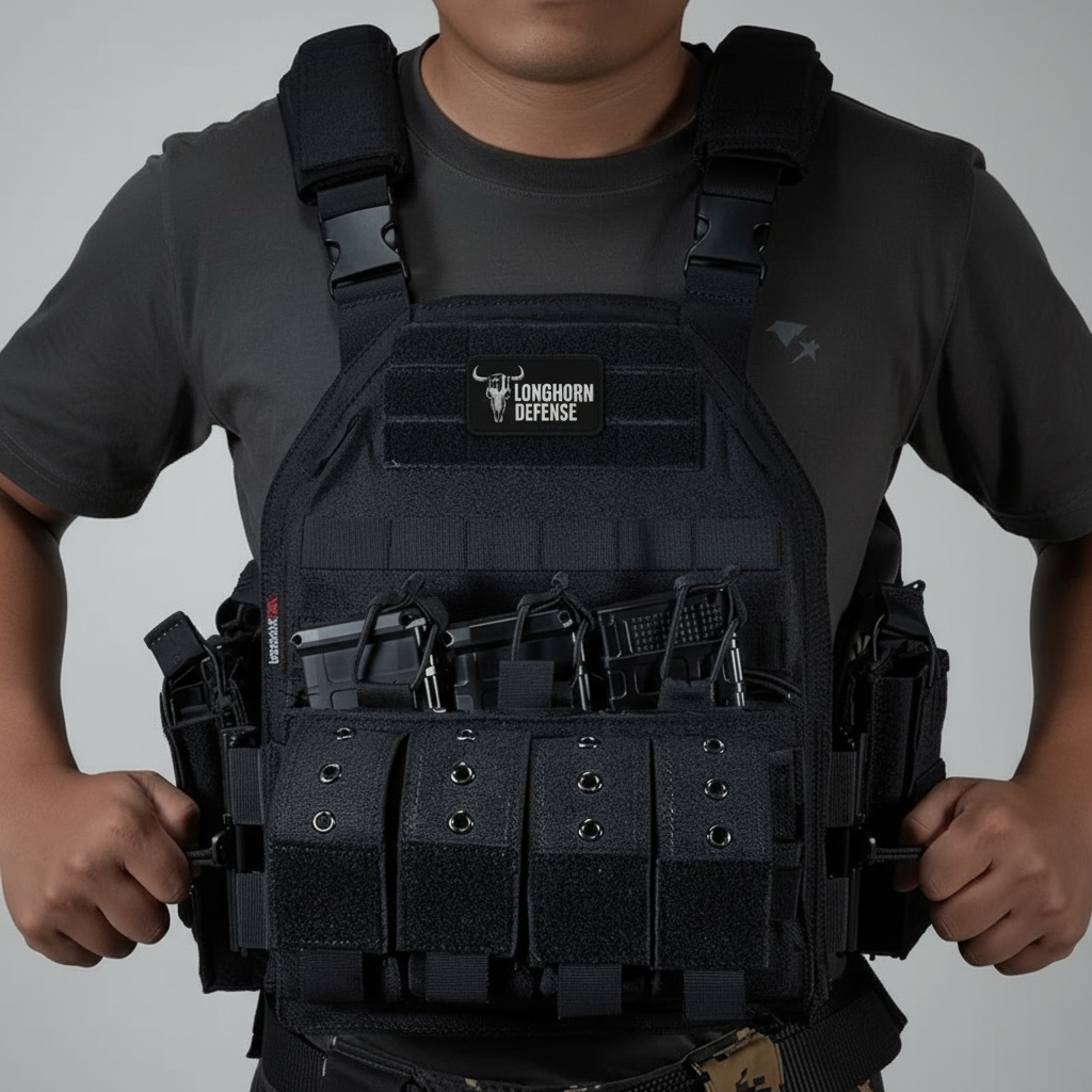 Person wearing a tactical vest with 'Longhorn Defense' logo against a blurred background