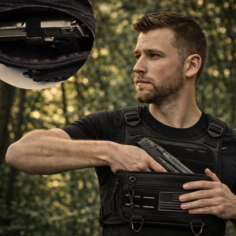 Man holding a black tactical bag with a forest background