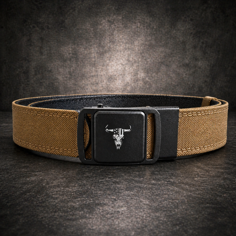 Brown belt with black buckle featuring a skull design on a dark background