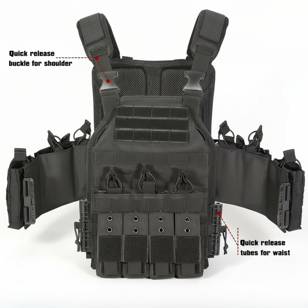 Black tactical vest with quick release features on a white background