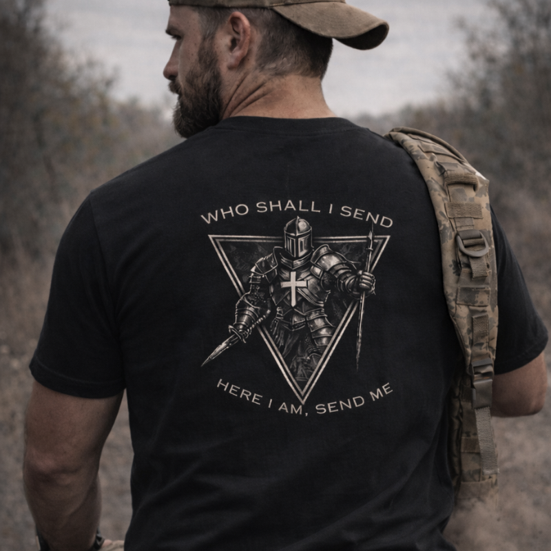 Man wearing a black t-shirt with a graphic design and text, standing outdoors.