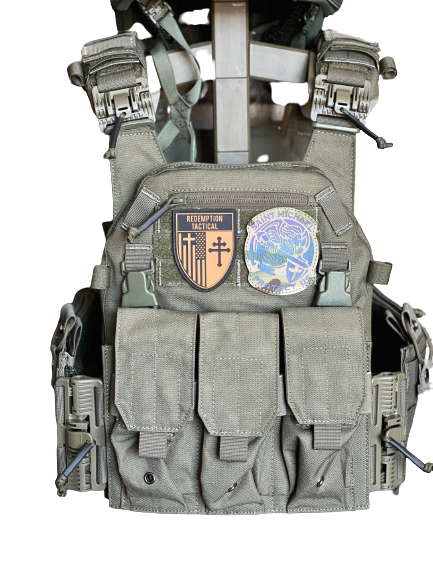 Tactical vest with multiple pockets and patches on a white background