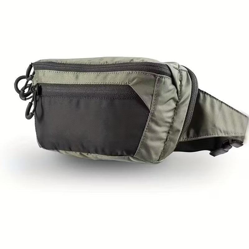 Gray waist bag with black accents on a white background