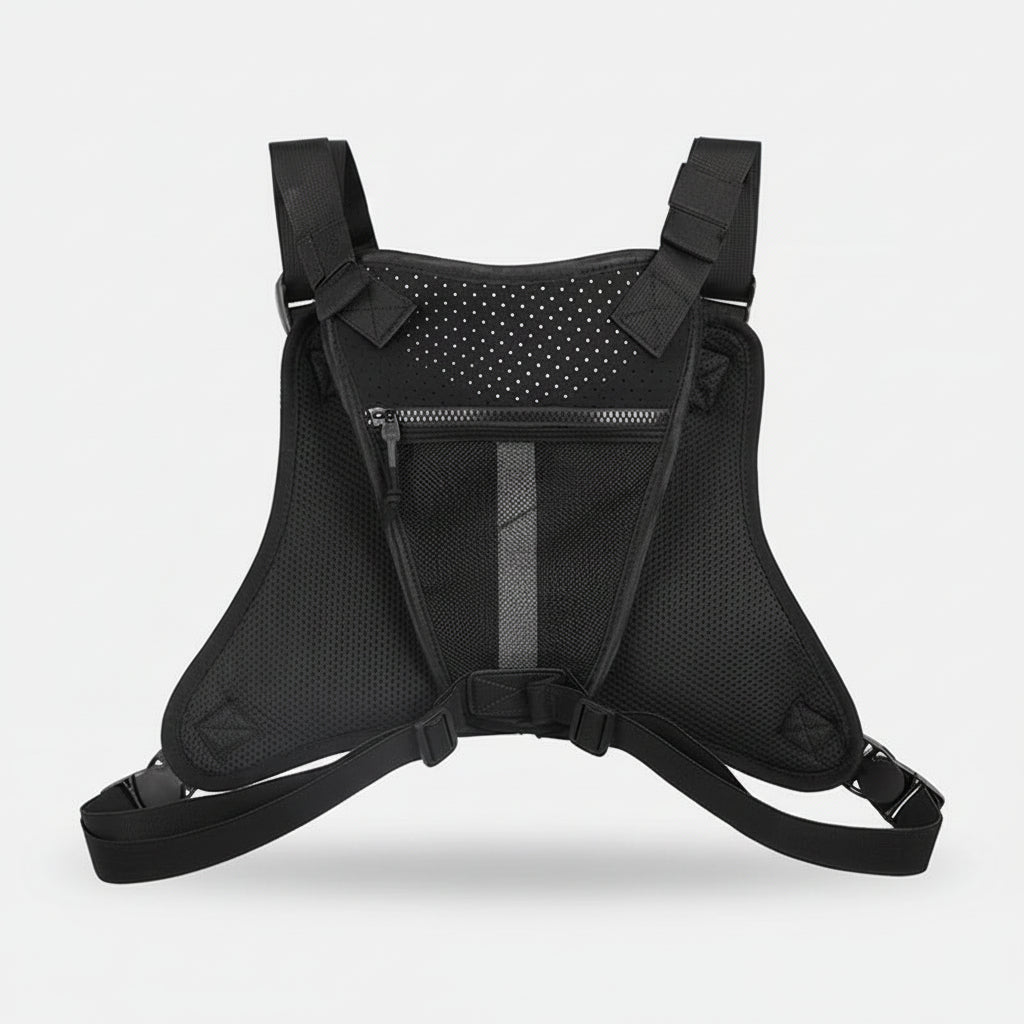 Black backpack with measurements indicated on a light gray background