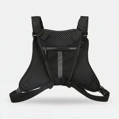 Black backpack with measurements indicated on a light gray background