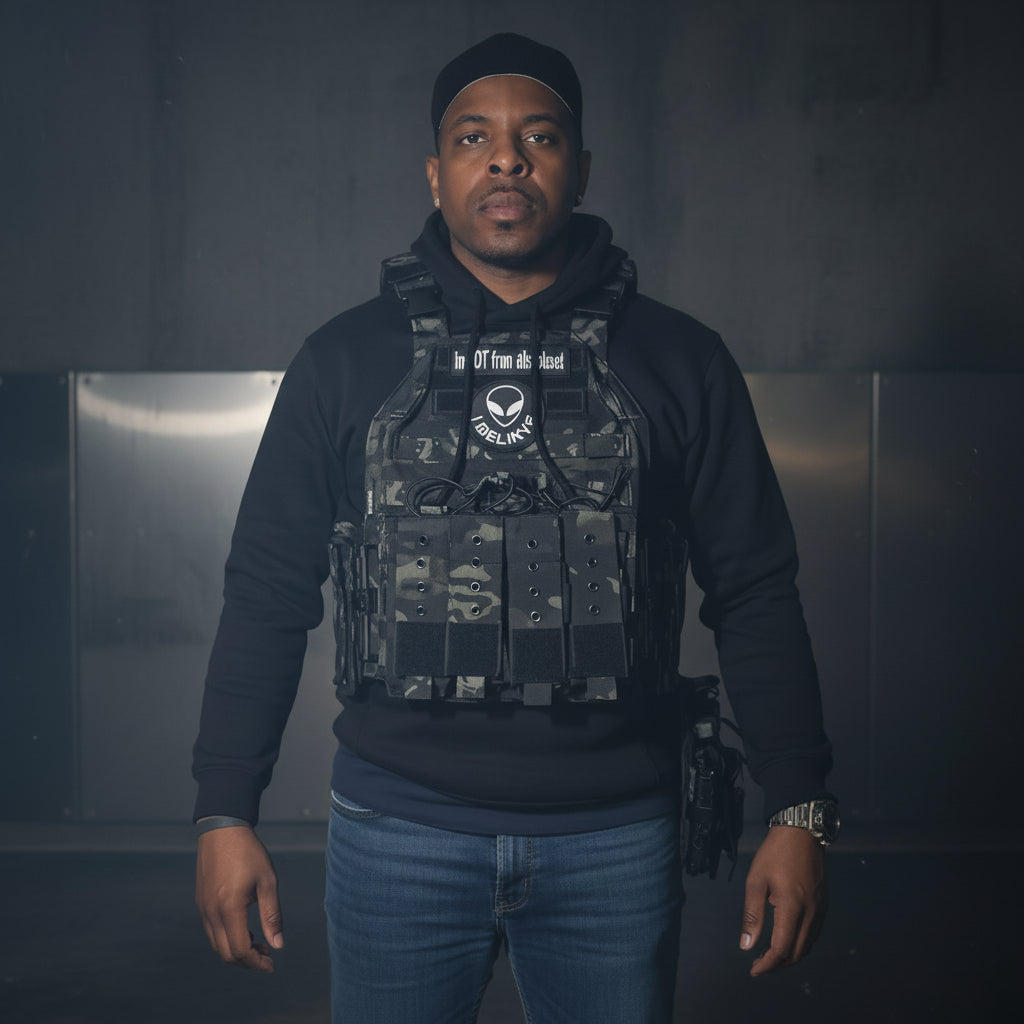 Person wearing a tactical vest with a rapid open connector demonstration.