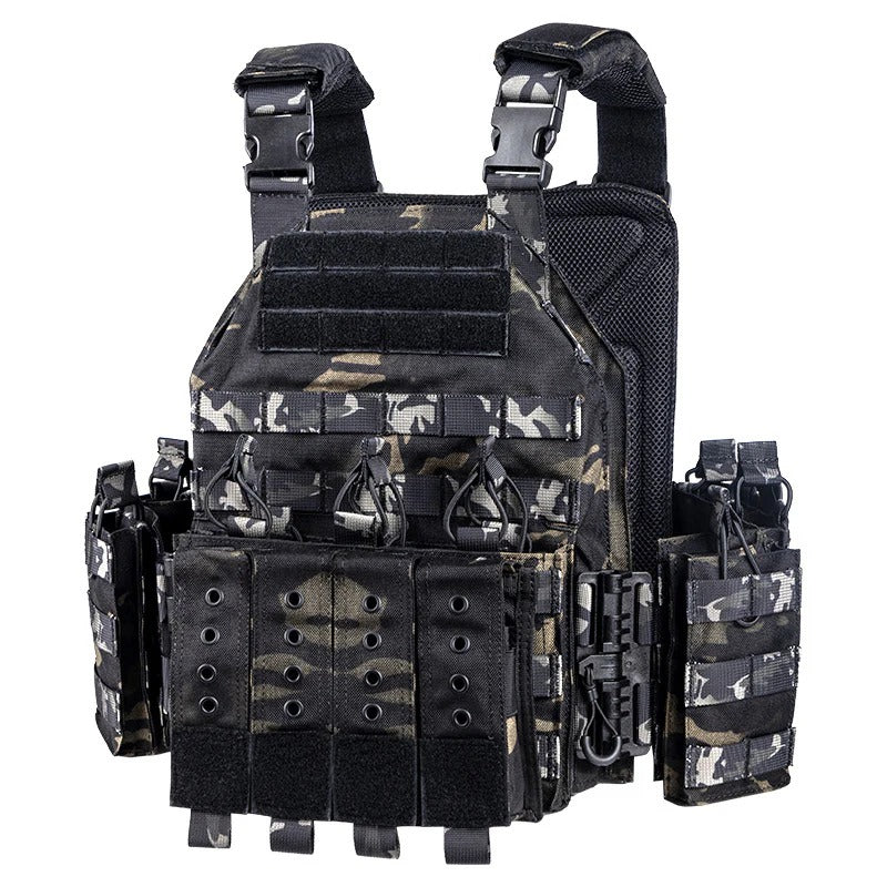 Camouflage tactical vest with multiple pouches on a white background