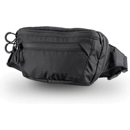Black waist bag with multiple zippers on a white background
