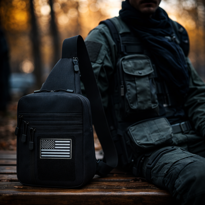 Person in tactical gear with a black backpack featuring an American flag patch in a forest setting.