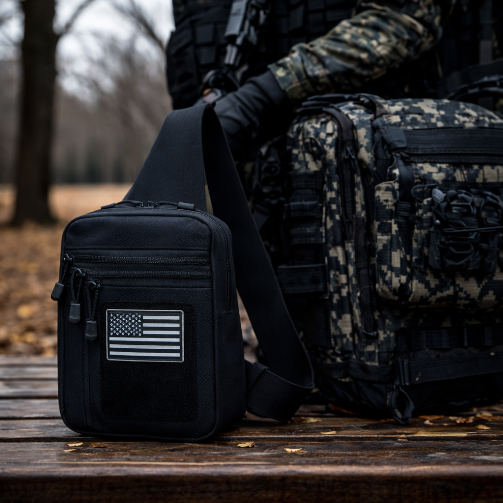 Black tactical bag with American flag patch on a wooden surface, with camouflage backpack in the background.