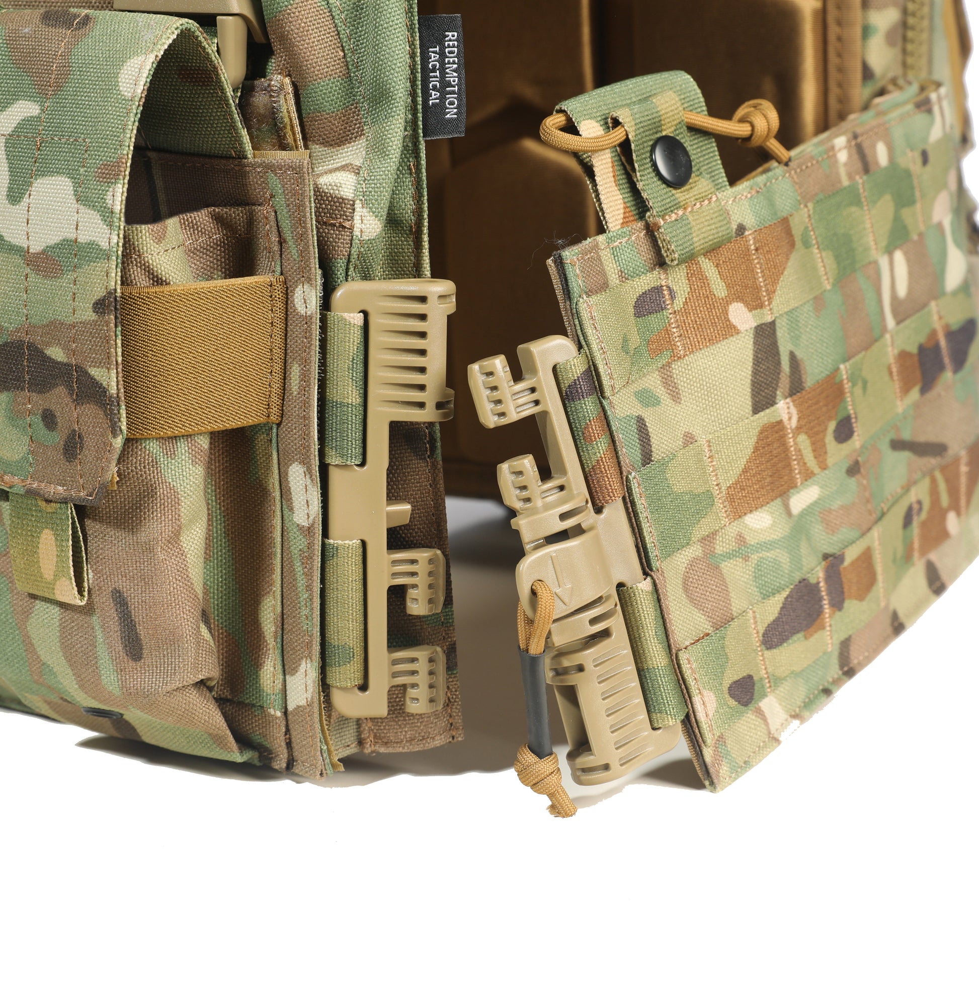 Camouflage tactical vest with multiple pockets and straps on a white background