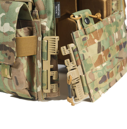Camouflage tactical vest with multiple pockets and straps on a white background
