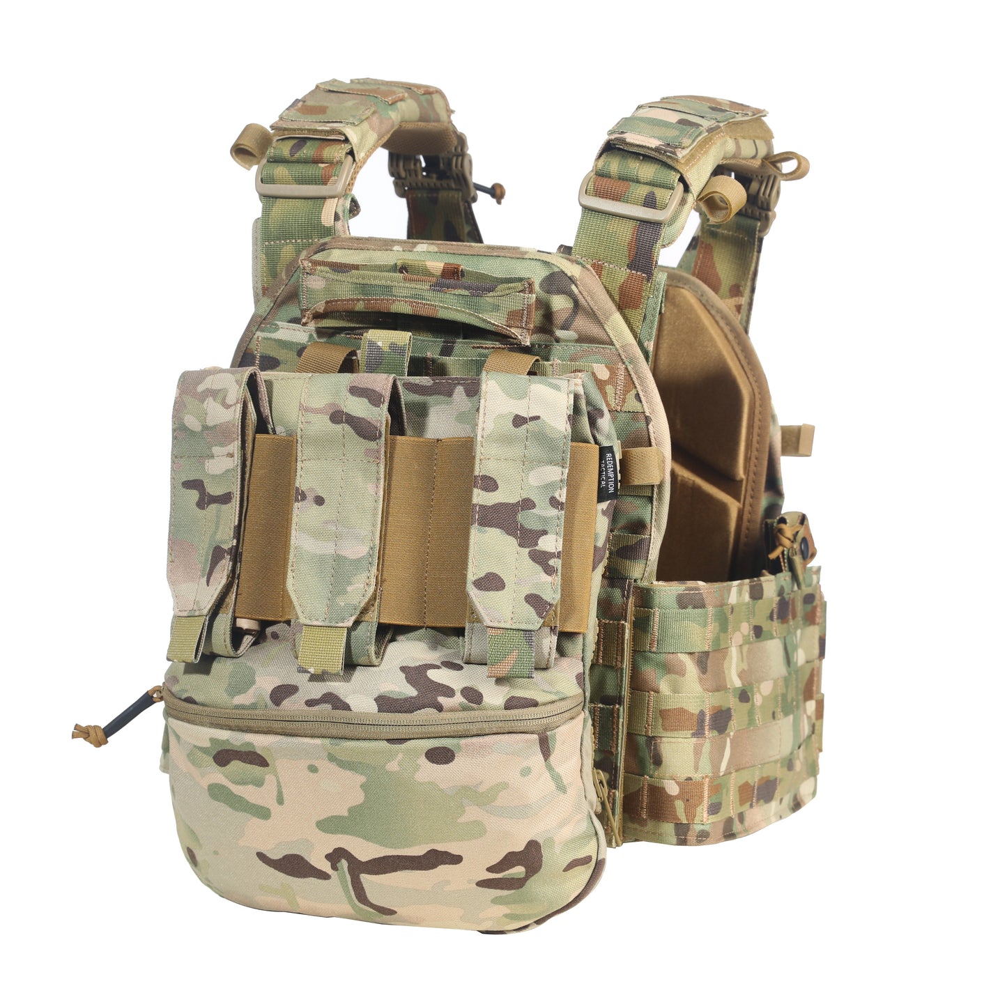 Camouflage tactical vest with multiple pouches on a white background