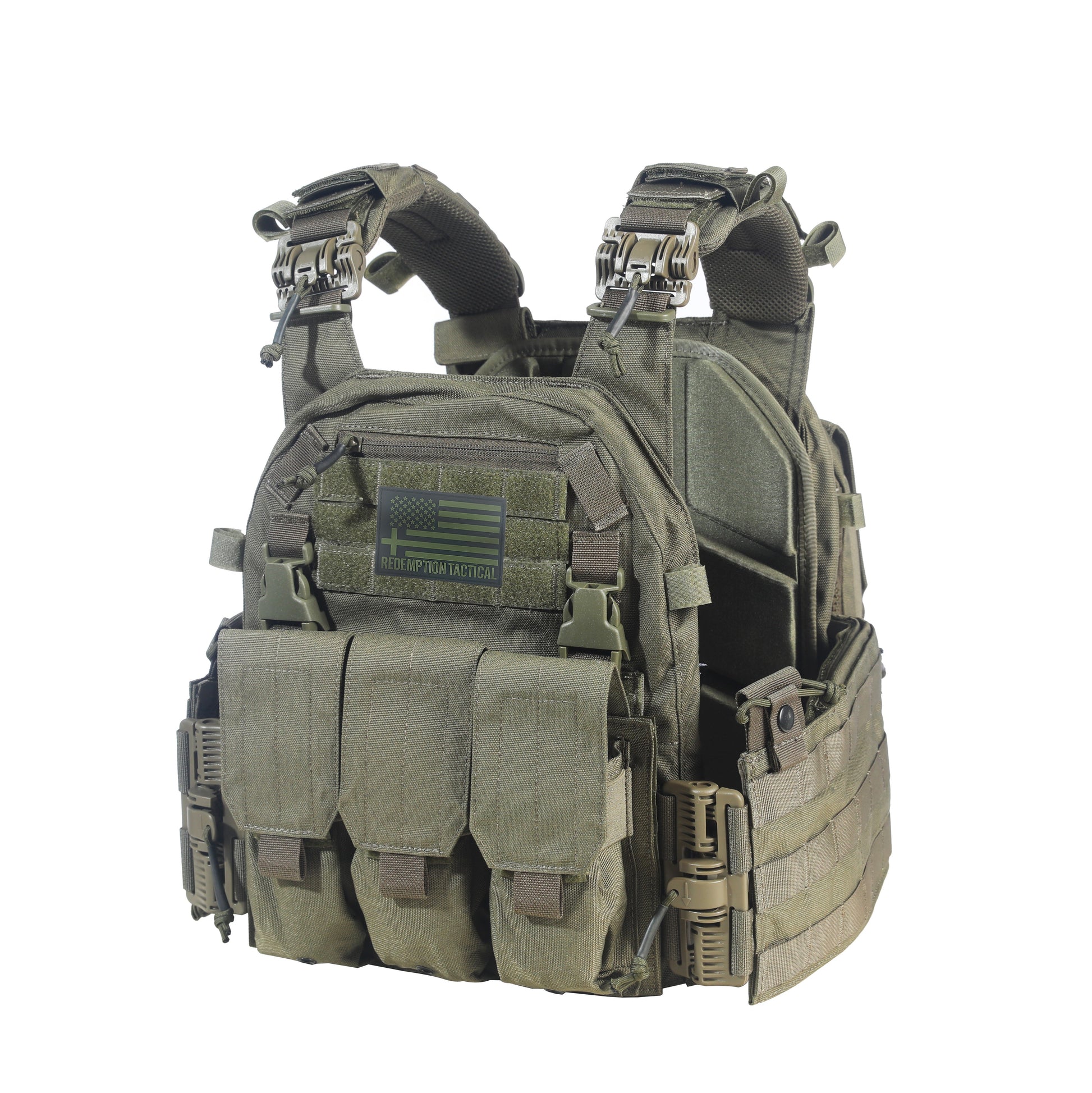 Green tactical vest with multiple pouches and straps on a white background