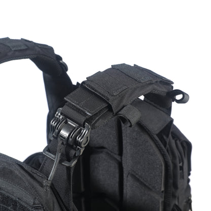 Black tactical vest with straps on a white background