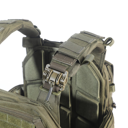 Close-up of a tactical vest with multiple straps and buckles on a white background