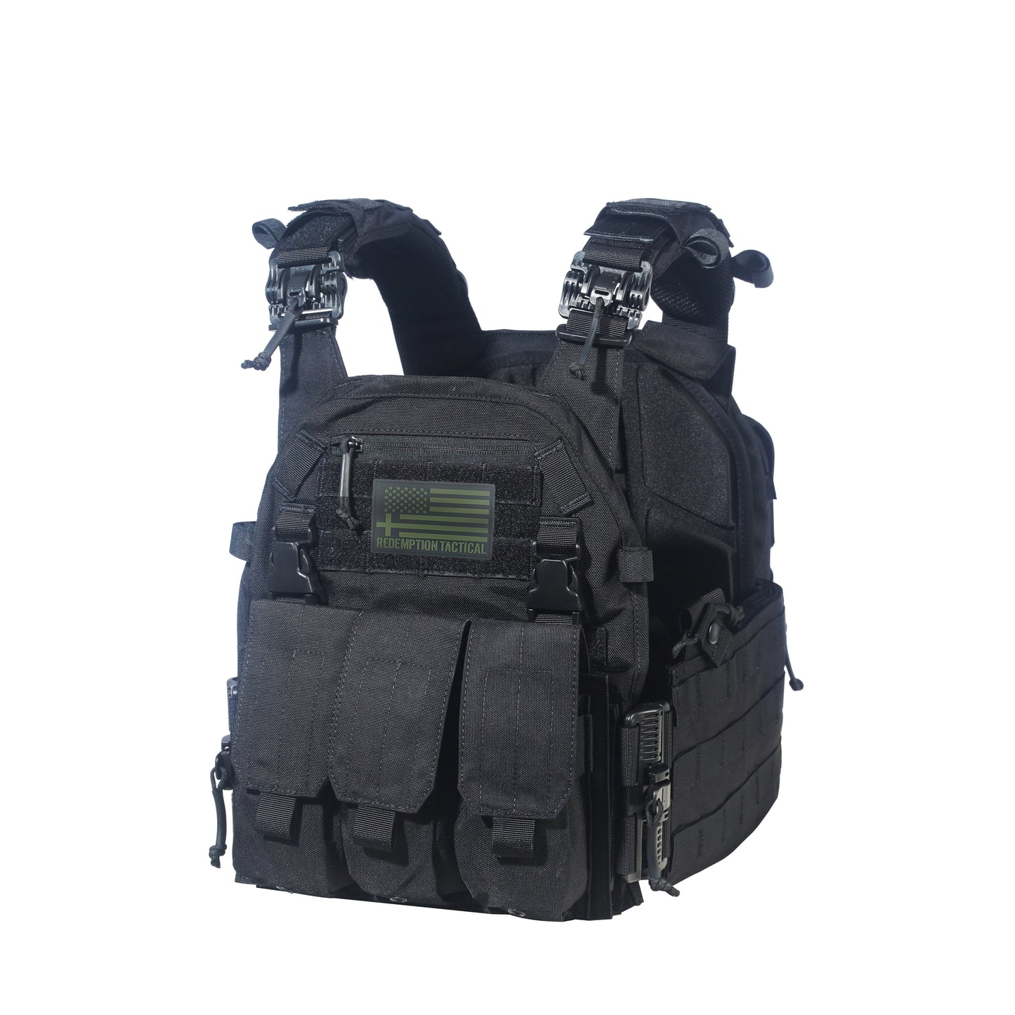 Black tactical vest with multiple pockets and straps on a white background